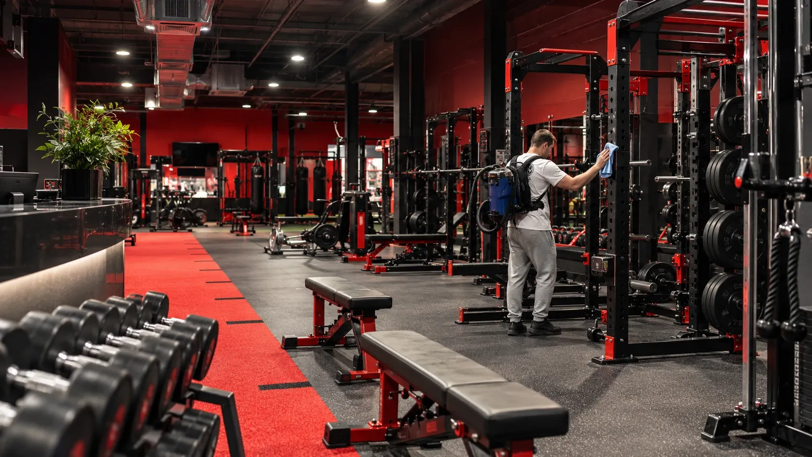 Wide-angle CBD gym with architectural glass ceiling